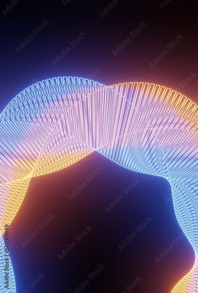 Poster orange and blue procedural geometric glowing neon shape abstract technology background. 3d rendering