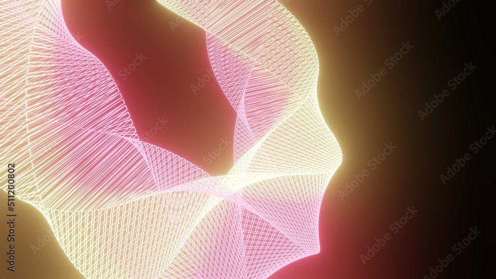 Poster pink and green procedural geometric glowing neon shape abstract technology background. 3d rendering.