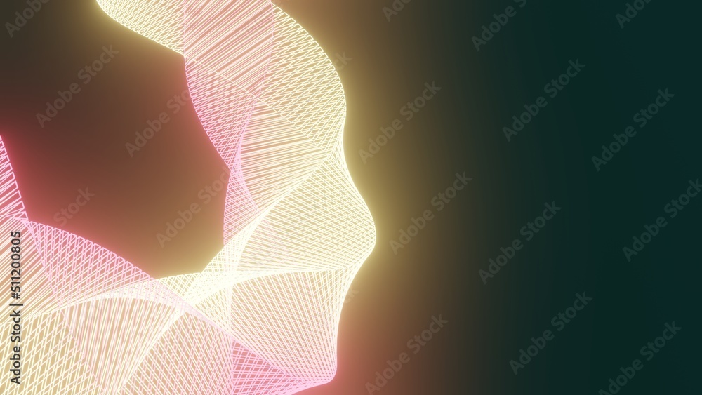 Poster pink and green procedural geometric glowing neon shape abstract technology background. 3d rendering.