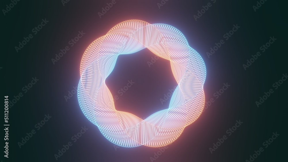 Poster orange and blue procedural geometric glowing neon shape abstract technology background. 3d rendering
