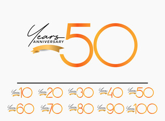 set of anniversary orange color on white background with gold ribbon for celebration moment