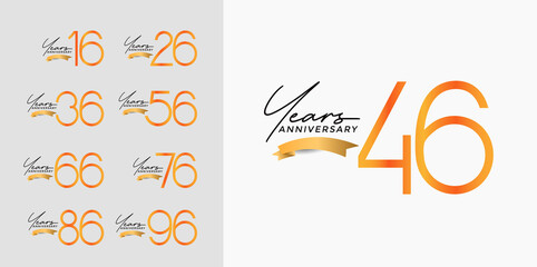 set of anniversary orange color on white background with gold ribbon for celebration moment
