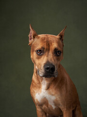 Portrait of a dog on a green canvas background. Staffordshire Terrier, American Pit Bull Terrier in studio