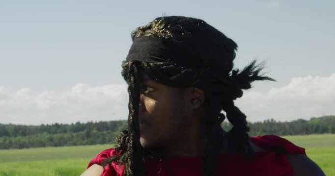 Samson battle roaring with arms outstretched, Biblical character with long dreads, Israelite warrior and judge, black male in old testament, Christian