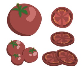 Set of red ripe tometoes, whole and sliced, isolated on white background