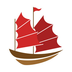 Red Aboard Cruise Ship on Hong Kong River Illustration Vector. Landmarks of Hong Kong City with Wooden Ship Logo Vector.