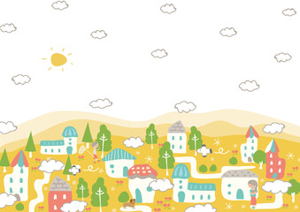 人々が暮らす雲がもくもくのかわいいたのしい街並み © 石原かおり