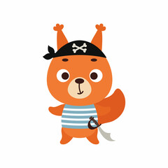 Fototapeta premium Cute little pirate squirrel. Cartoon animal character for kids t-shirts, nursery decoration, baby shower, greeting card, invitation, house interior. Vector stock illustration