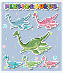 Plesiosaurs word logo with dinosaurs cartoon set