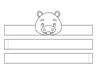 Printable hippo paper crown. Fun accessory for entertainment. Diy cut party ribbon template for birthday, christmas, baby shower. Print, color, cut and glue. Vector stock illustration.