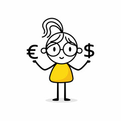 Businesswoman with euro and dollar sign isolated on white background. Hand drawn doodle woman. Vector stock illustration