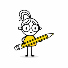 Businesswoman holds in her hand a pencil isolated on white background. Hand drawn doodle woman. Concept of creativity, innovative idea, innovation, inspiration for artist. Vector stock illustration