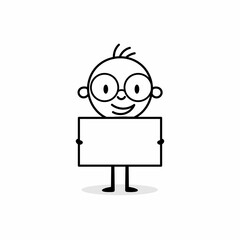 Businessman holds a blank banner isolated on white background. Hand drawn doodle man. Vector stock illustration