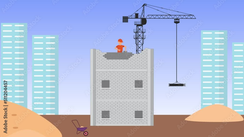 Poster building workers construct buildings with brick blocks and cement 4k animation. a mason constructing