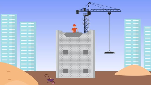 Building workers construct buildings with brick blocks and cement 4K animation. A mason constructing a building with his hand footage. Under construction site with a crane pulling up cement animation.