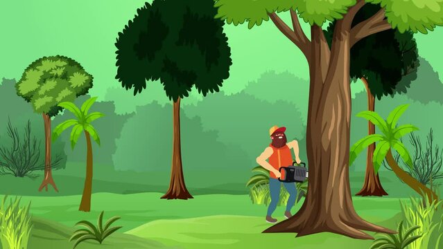 Lumberjack sawing tree trunk animation for the logging industry. Lumberjack with a chainsaw inside a jungle cutting trees 4k animation. Woodcutter inside a dense jungle with an electric chainsaw.