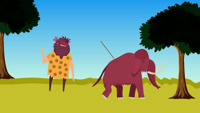 Caveman hunting a mammoth with a spear in a jungle 4K animation. Prehistoric caveman hunting and food habit concept 4K footage. Cave-dweller animation with a long spear, killing mammoth for food.