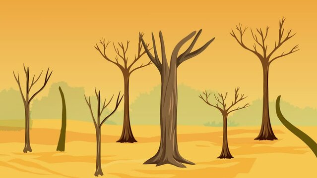 Jungle turns into a desert 4K animation with green trees and bushes. Big trees inside a forest, greenhouse and global warming effect footage. Natural calamities and drought concept animated video.