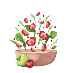 Splash summer vegetable salad in red ceramic bowl, pot on white background. Watercolor illustration for design