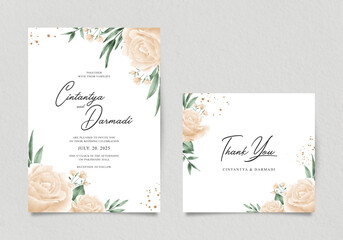 Elegant wedding invitation template set with yellow roses