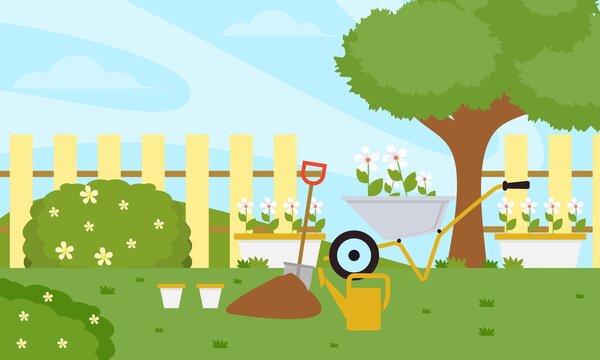 Gardening equipments in the garden illustration
