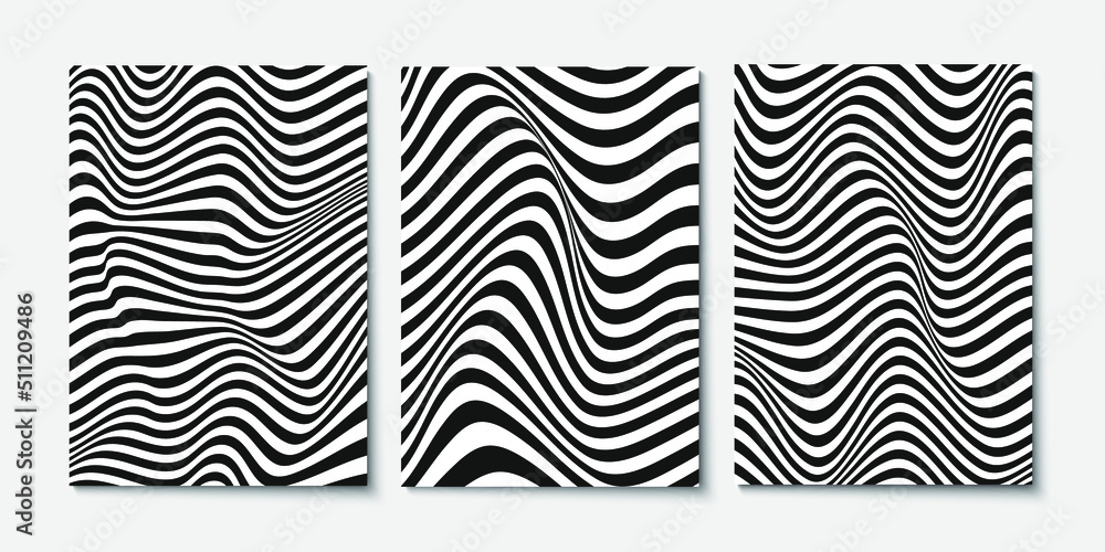 Poster set of layouts with wavy lines. twisted duotone backgrounds. abstract pattern from lines, halftone e