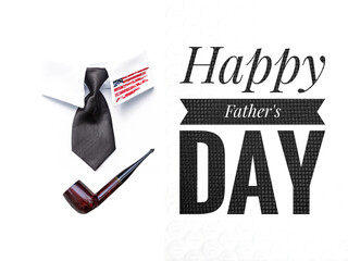 Father's day card background idea, classic black necktie with white shirt collar and classic wooden pipe on white background, greeting card