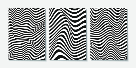 Set of layouts with wavy lines. Twisted duotone backgrounds. Abstract pattern from lines, halftone effect. Black and white texture. Minimalistic design template for poster, banner, cover, postcard