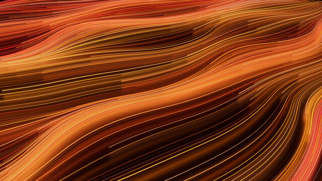 Wavy Neon Background with Orange, Yellow and Red Stripes. 3D Render.