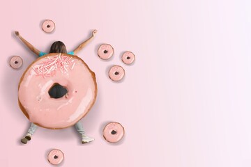 Girl with a donut. Fast food concept, overweight.