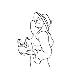 Beautiful smiling woman in hat relaxing with coconut illustration vector hand drawn isolated on white background line art.