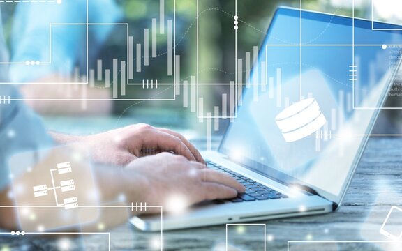 Data scientists. Business Intelligence, software development concept. Programmer using laptop analyzing various information,