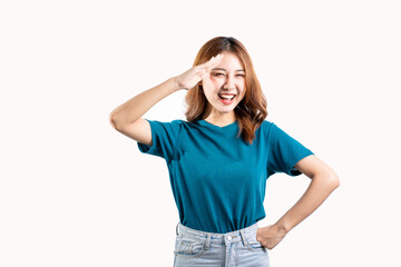 Beautiful Asian woman making various hand gestures with copy space isolated on a white background