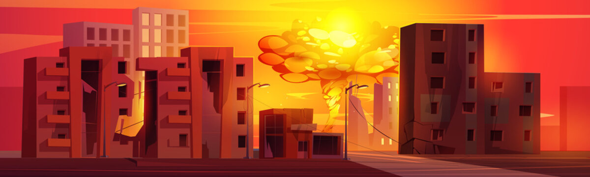 Atomic Bomb Explosion In Destroyed City With Broken Buildings. Vector Cartoon Illustration Of Atom War With Demolished Houses And Mushroom Cloud Of Nuclear Blast With Fire And Smoke