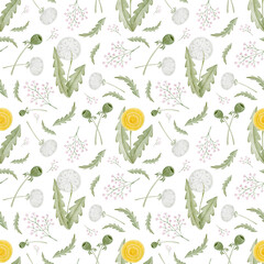 Dandelion flower watercolor seamless pattern. Cute pastel botanical hand drawn background.  Summer rustic wallpaper.