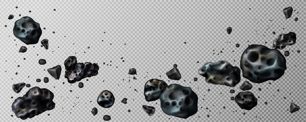 Stone asteroid belt realistic vector illustration. Meteor, space boulder or rock with craters flying in weightlessness isolated icon set on transparent background, various form - obrazy, fototapety, plakaty