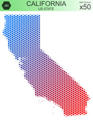 Dotted map of the state of California in the USA, from hexagons, on a scale of 50x50 elements. With smooth edges and a smooth gradient from one color to another on a white background.