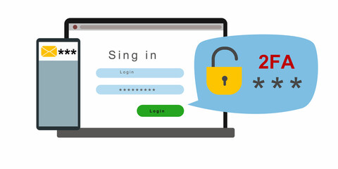 The concept of two-factor authentication security. Notification of login confirmation with a message in an envelope with a code. Lock icons in the laptop account. Vector illustration