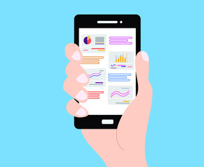 illustration of right hand holding mobile phone with infographic table image