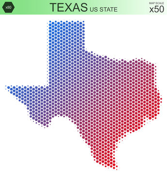 Dotted map of the state of Texas in the USA, from hexagons, on a scale of 50x50 elements. With smooth edges and a smooth gradient from one color to another on a white background.