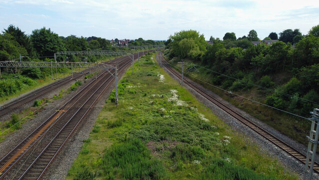 Aerial View of Railway Tracks at Leighton Buzzard Tunnel and Station England UK