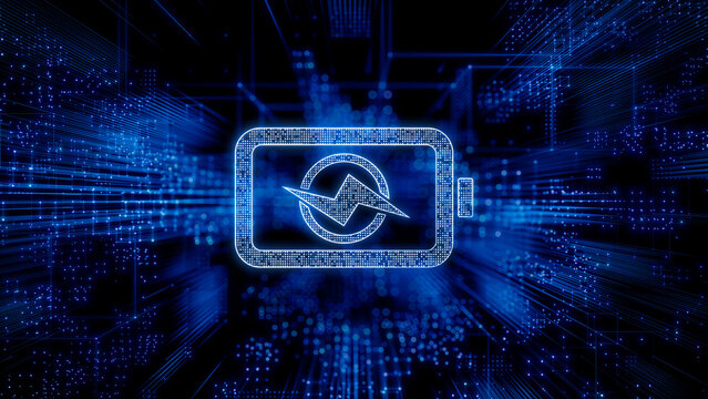 Energy Technology Concept with battery symbol against a Futuristic, Blue Digital Grid background. Network Tech Wallpaper. 3D Render 