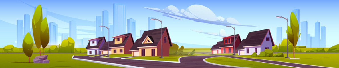Suburb district panorama with houses, road, street lights and city on skyline. Vector cartoon illustration of summer landscape with green trees and grass, suburban cottages with garages