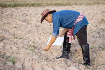 Asian man farmer  is survey soil in agriculture land before growing plants, holds paper clipboard....