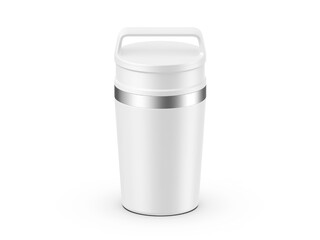 Matte travel mug mockup, blank thermos insulated vacuum mug for branding and promotion. 3d render illustration.