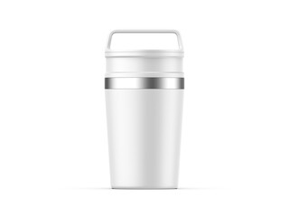 Matte travel mug mockup, blank thermos insulated vacuum mug for branding and promotion. 3d render illustration.