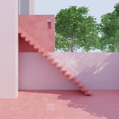 Empty exterior pink concrete wall and stairs outside with big trees in the background, sunlight on the wall.3d rendering