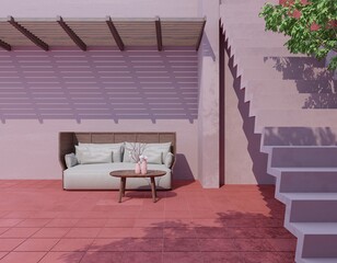 Mockup in home exterior background pink concrete wall with minimal style 3d render and stairs outside with outdoor sofa, sunlight on the wall.