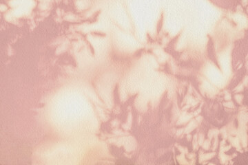 Shadow and light of leaves tree branch background. Natural  colorful leaf pastel pink, coral, rose gold shadow and light from sunlight dappled on wall