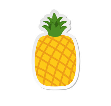 Ripe pineapple clipart icon with green leaves. Sticker vector illustration